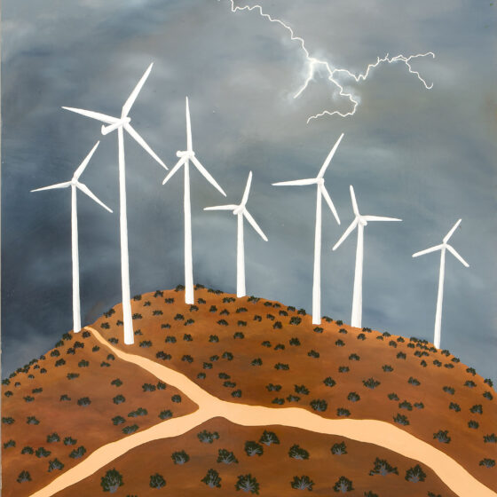 Wind turbines on hill with lightning