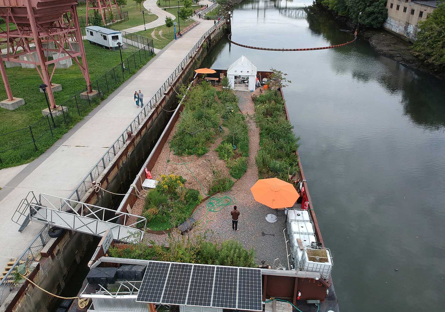 floating farm structure next to waterway