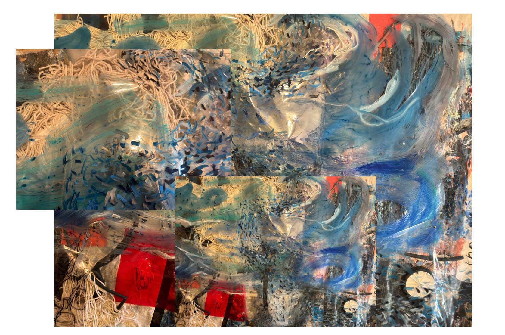 Abstract mixed-media collage with blue wave gestures